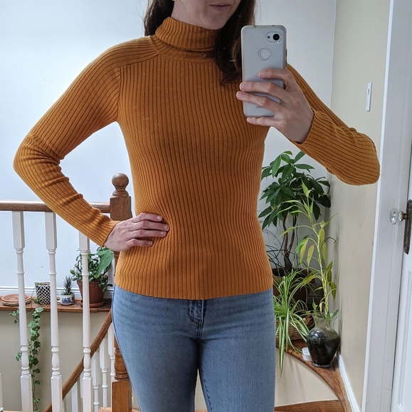 fine ribbed stretch turtleneck in mustard yellow - Picture 2 of 10